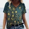 Summer V Neck Women Peacock Feather Graphic Fashion Short Sleeve Harajuku Y2k Top Oversized Casual