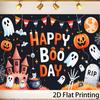 2D flat background banner - Happy Boo Day Halloween-themed background, featuring ghosts, pumpkins and castles