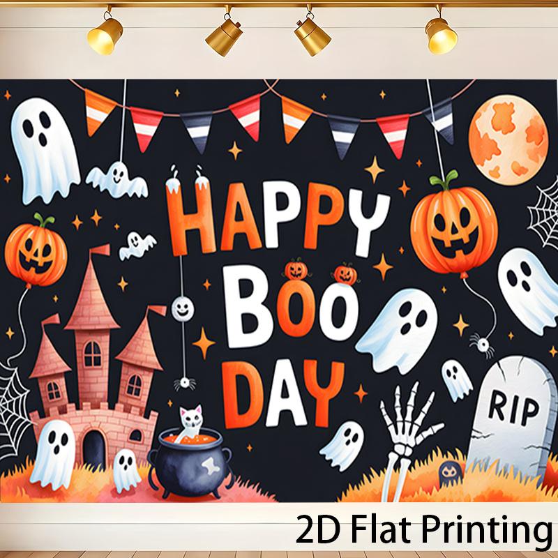 2D flat background banner - Happy Boo Day Halloween-themed background, featuring ghosts, pumpkins and castles