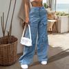 Women Jeans High Waist Button Zipper Fly Straight Wide Leg Denim Pants with Multi Pockets Design Solid Color Denim Trousers