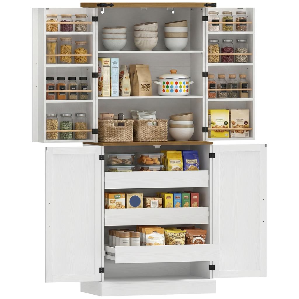 Tall kitchen buffet, kitchen cabinet, 4 doors, 3 drawers, 8 rack holders and adjustable shelves, 76x40x182cm, white