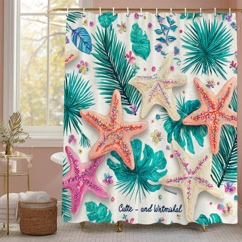 1PC Watercolor starfish pattern printed shower curtain, waterproof, with hooks, bathroom showers, bathtub, fashionable home user