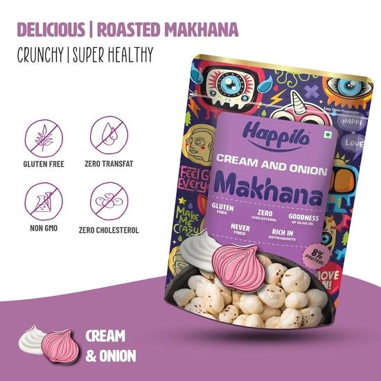 Happilo Premium Super Snack Makhana Cream & Onion 60 г, жареный фокс, полезный перекус, низкокалорийный, без глютена и веганский