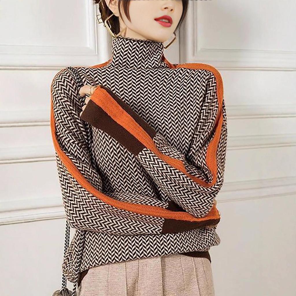 Geometric Pattern Knit Sweater With Color Block Edges For Women Fall