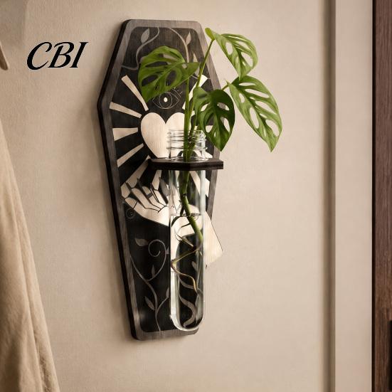 Dark Academia Home Decor Wooden Halloween Decorations, Plant Propagation Station Wall Hanging, Gothic Haunted House Party Supplies Coffin-Shaped Test