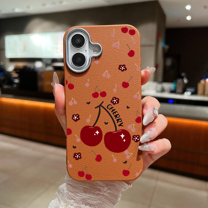 Cherry Patterned Phone Case for iPhone 16 Pro 15 14 Plus 13 12 Pro Max 11 Shockproof Leather Texture Soft Tpu Slim Matte Case Cover
