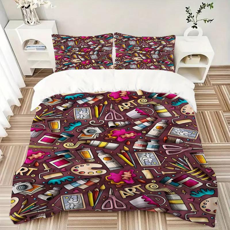 3pcs Anime Cartoon Art Supplies Doodle Bedding Set - Includes One Quilt Cover and Two Pillowcases (No Core) - Polyester Fabric - Home Decor - Holiday