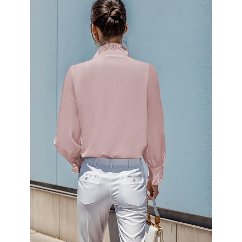 YYFS Women's Fashion Casual Spring Fall Solid Color Print Long Sleeve Stand-Neck Blouses & Shirts