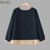 ZANZEA Женские осенние блузки с круглым вырезом и длинными рукавами в стиле колор-блок