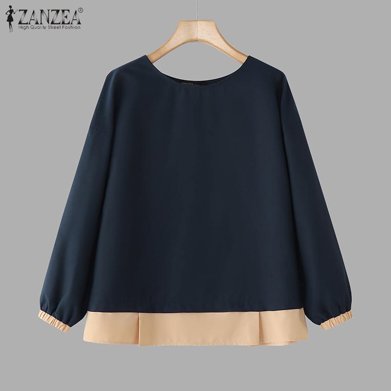 ZANZEA Женские осенние блузки с круглым вырезом и длинными рукавами в стиле колор-блок