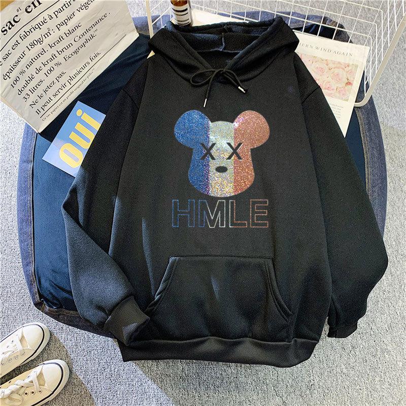 Зима-осень женская мода с мультяшным принтом и капюшоном, свободная бархатная теплая толстовка