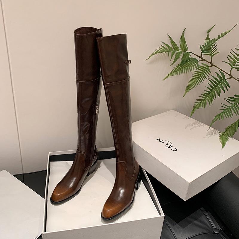 2025 New Sexy Skinny Legs Premium Cowhide Over Knee Boots Long Boots Pointed Middle Heel Side Zipper Full Leather Women's Boots