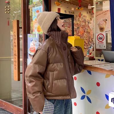 Вязаная водолазка, стеганая куртка-пуховик женская короткая, модная зима 2025, ПУ ткань, утолщенная американская куртка-хлеб