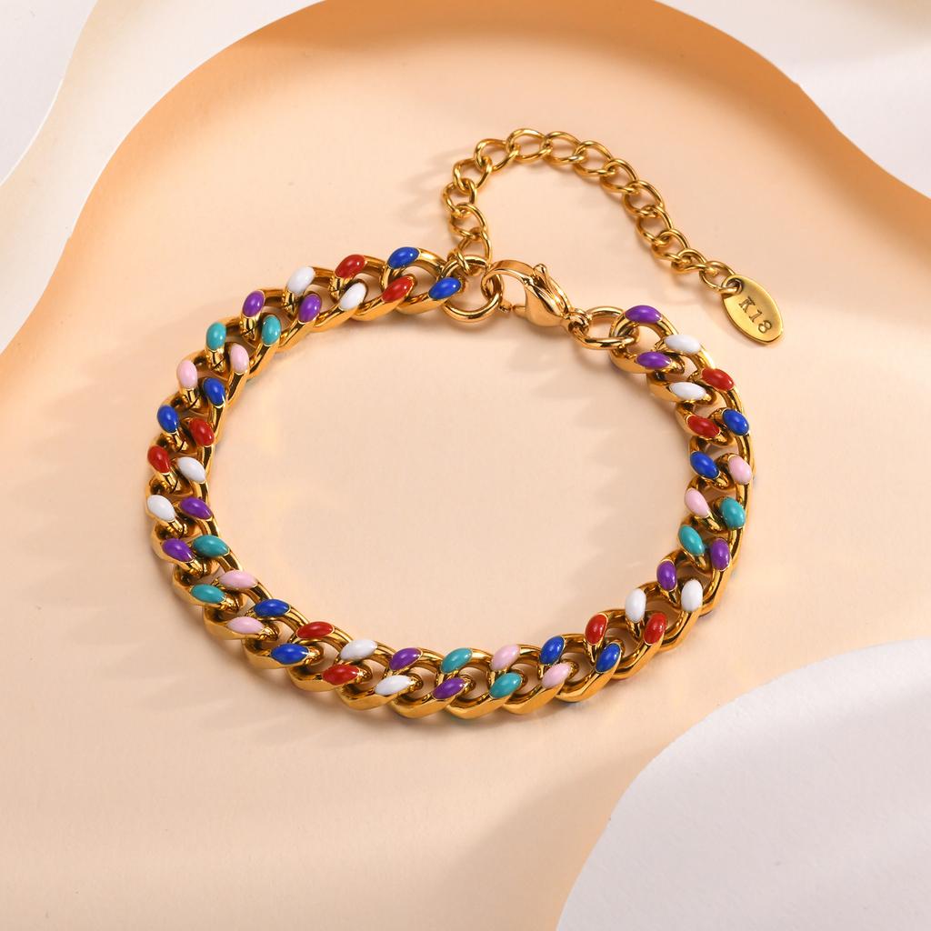 Statement Chain Bracelet for Women, Charm Cuban Stainless Steel 18k Gold Plated Adjustable Stackable Jewelry