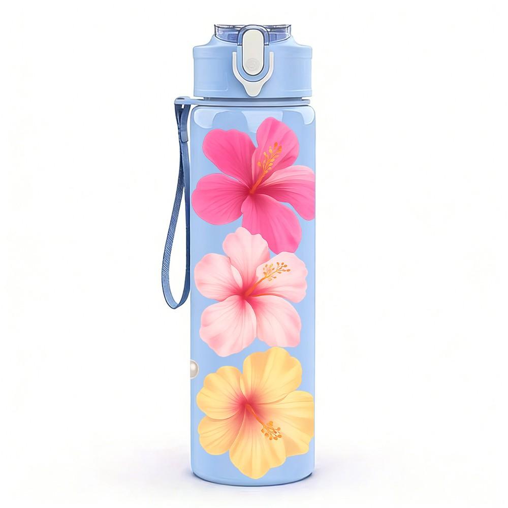 1PC Plumeria Flower Illustration 750ml Color Plastic Sports Water Bottle Leakproof Flip Straw Lid Suitable for Sports Office Home Use