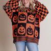 Halloween Spooky Sweater Plaid Pumpkin Ghost Pattern Knitting Tops Oversized Crew Neck Long Sleeve Pullover Tops Knitwear