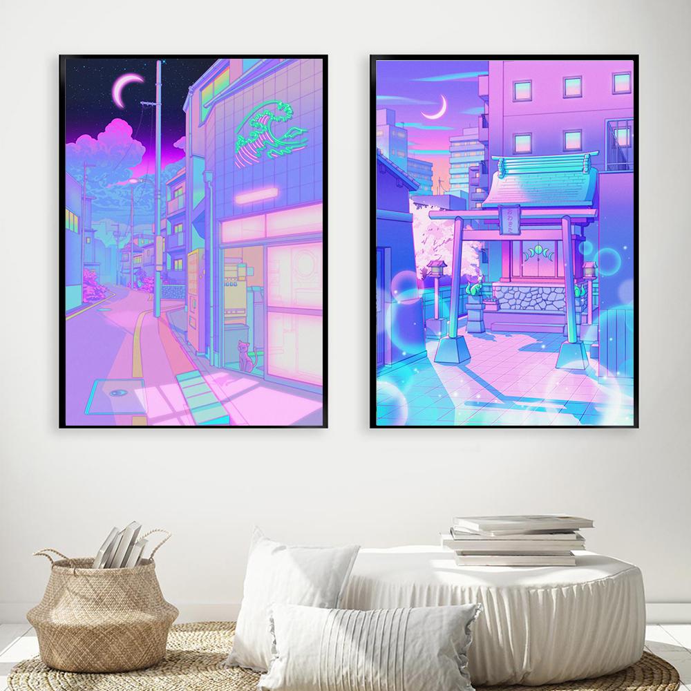 Плакат в стиле Vaporwave, японский городской ночной уличный постер в стиле поп-киото, холст, картина, настенная живопись, принт, Kawaii, домашний декор для комнаты