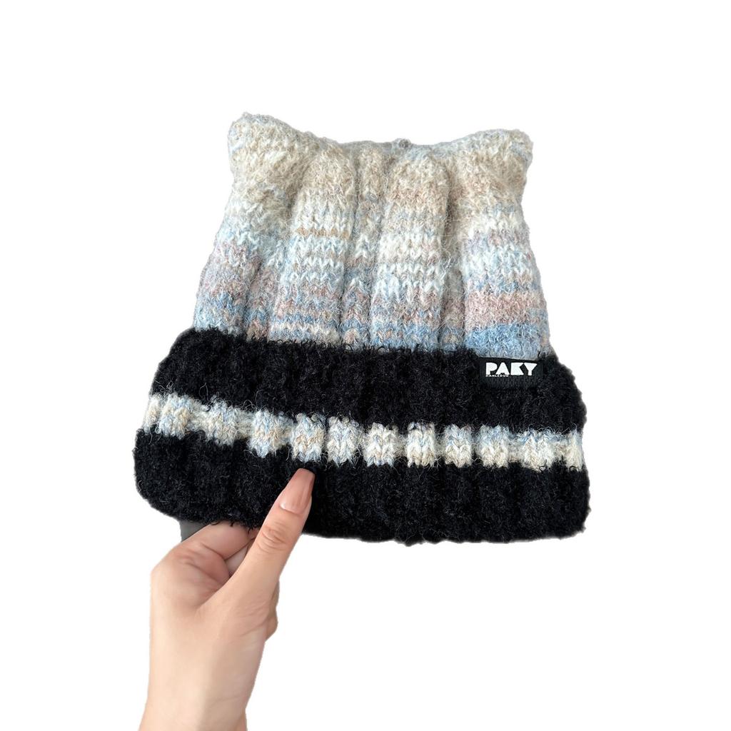 Fleece hat women's winter new versatile gradual change knitted hat cute cat ears warm face small wool hat