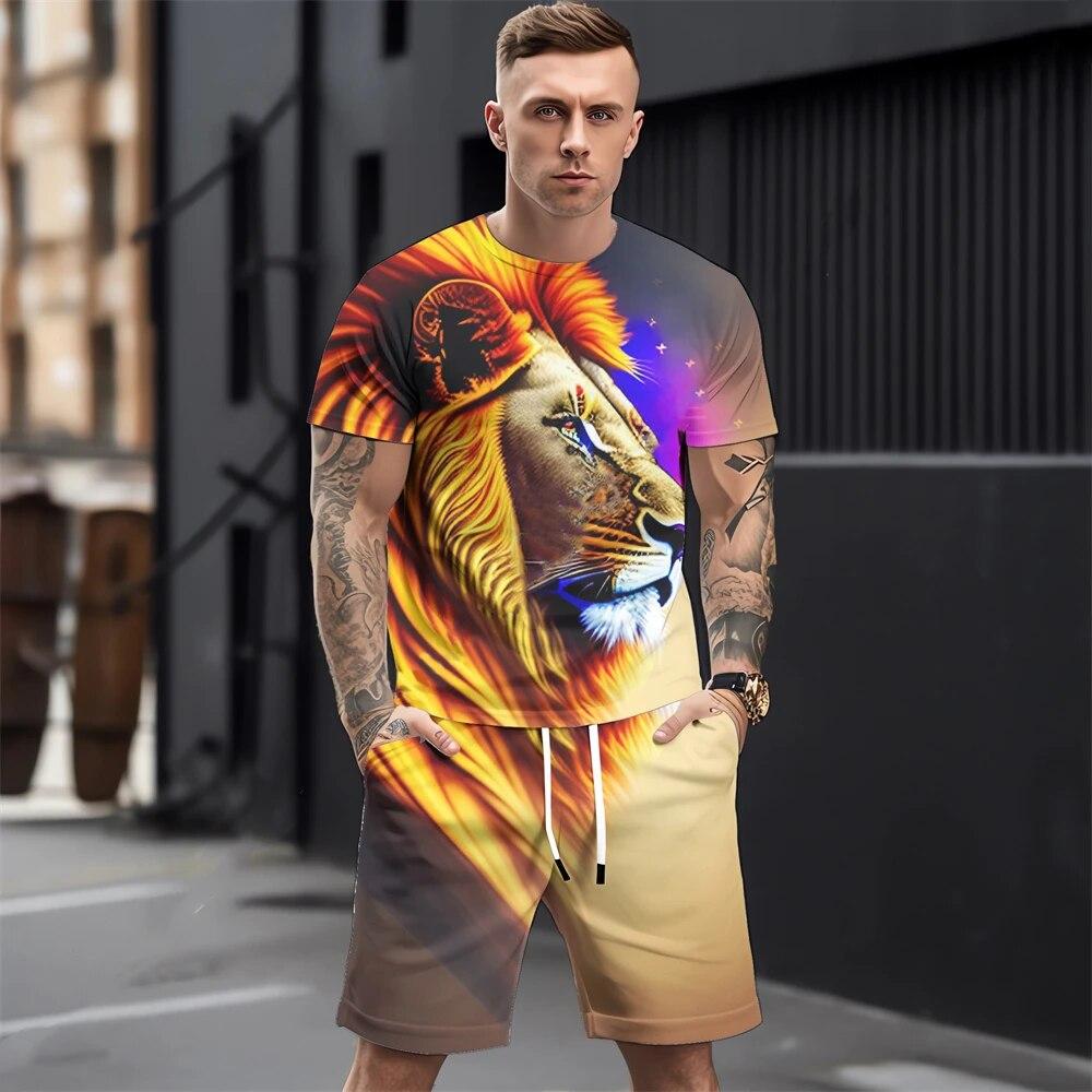 Летние мужские комплекты футболок, модная одежда с 3D принтом животных, необходимая одежда для мужчин, повседневный спортивный костюм, спортивный костюм из двух предметов для бега, спортзала