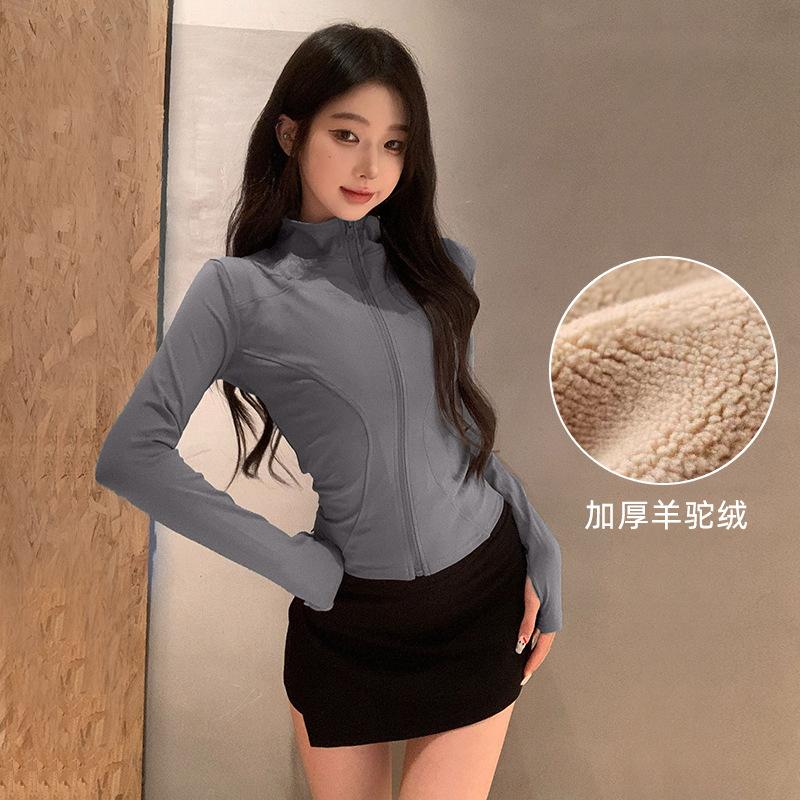 Spring Zipper Cardigan Fleece Thickened Yoga Jacket Women's Stand-Up Collar Sports Fitness Clothing Running Fitness Training Long Sleeves