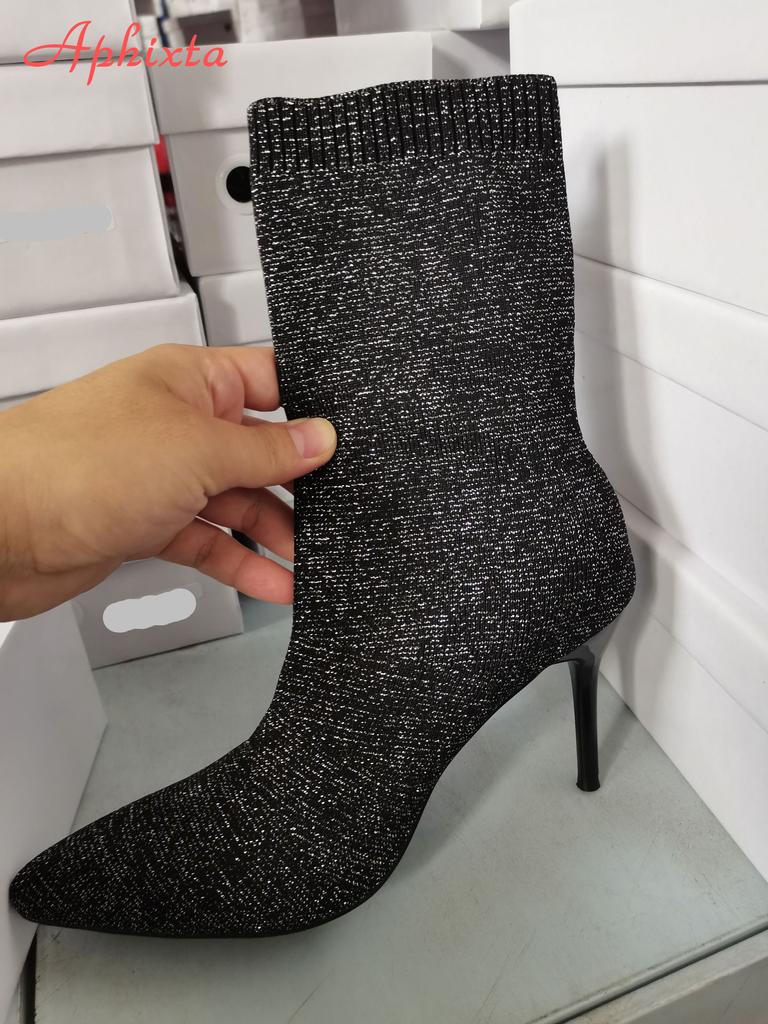 Fashion Aphixta Metal Color 7cm Square Heels Socks Boots Women Big Size 43 Stretch Fabric Elastic Pointed Toe Shoes Ankle Boot Woman