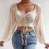 WTEMPO Women's V-Neck Off-Shoulder Blouses Summer Drawstring Bandage Long Sleeve Tops Ladies Korean Fashion Short Clothes