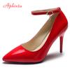 Aphixta 3.94inch Stiletto Heels Crystals Metal Buckle Pumps Women Pointed Toe Patent Leather Shoes Office Super Big Size 50