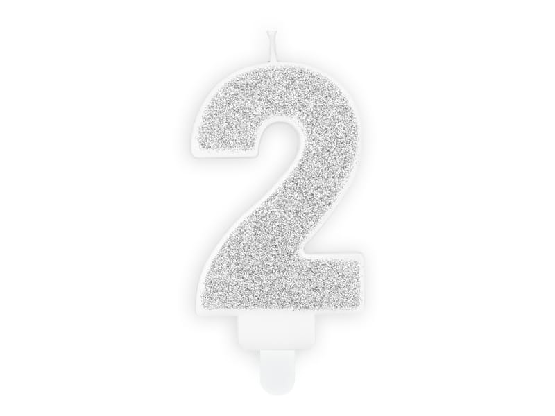 Partydeco Świeczka Urodzinowa Cyfra 2 Srebrny 7Cm