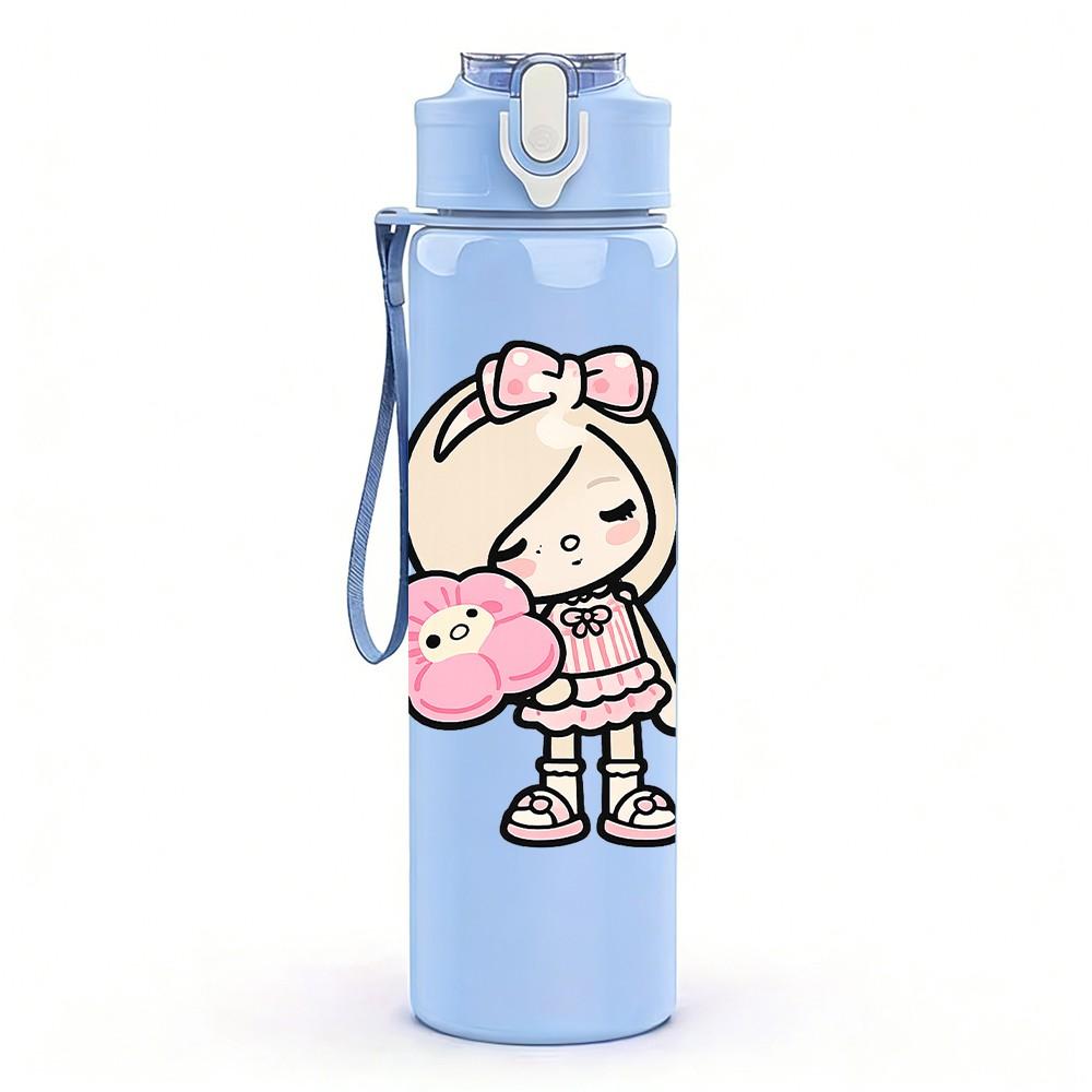 1PC Pink Dress Chibi Girl Doll 750ml Color Plastic Sports Water Bottle Leakproof Flip Straw Lid Suitable for Sports Office Home Use