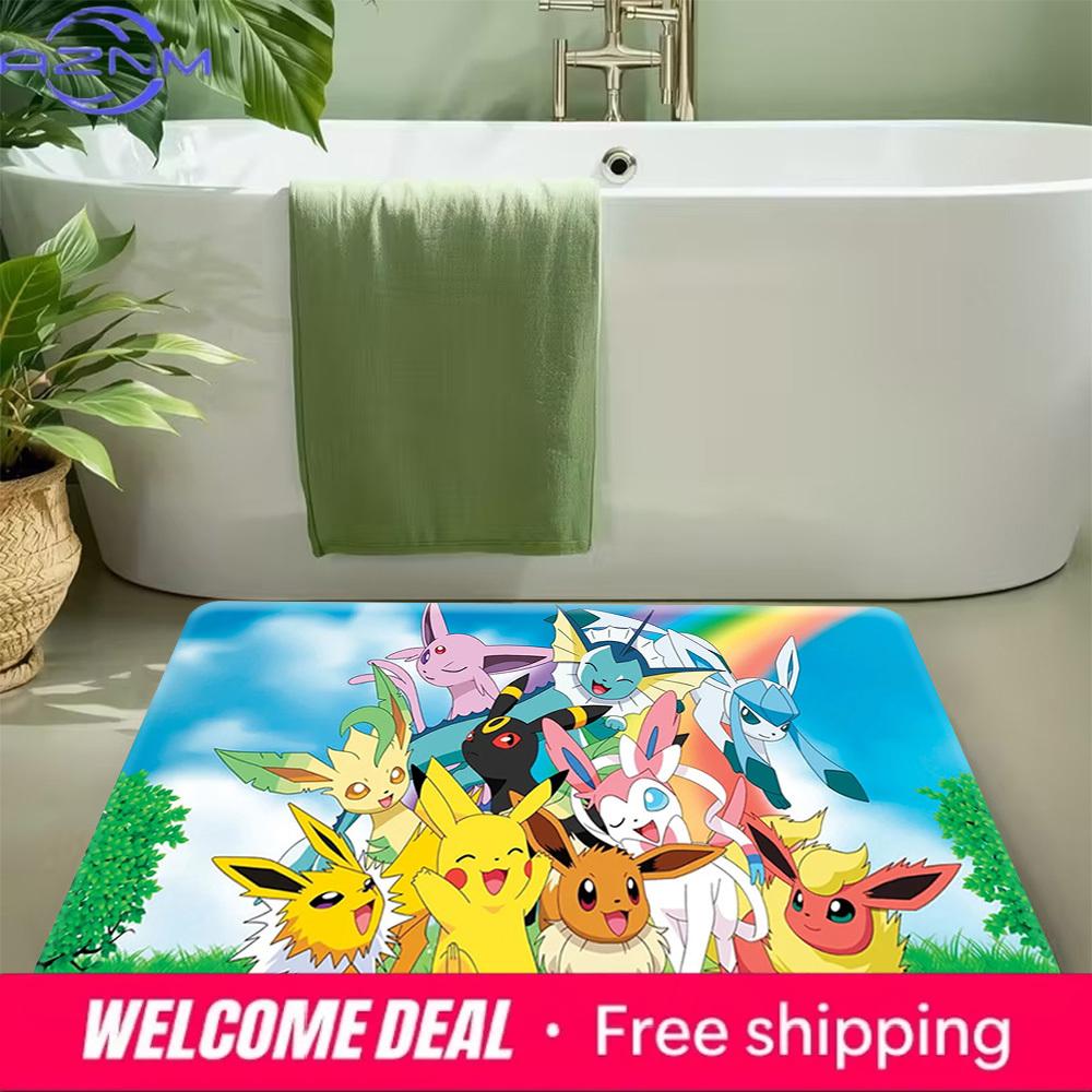 Pokemon Eevee Evolutions Group with Pikachu Print Non-slip Doormat, Soft Absorbent Floor Rug for Home Decor