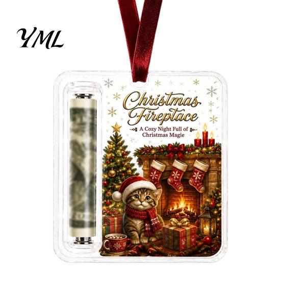 Acrylic Money Holder Christmas Cash Gift Ornament, Angel Santa Cat Ornament for Xmas Tree, Holiday Party Hanging Decoration with Lanyard Tree