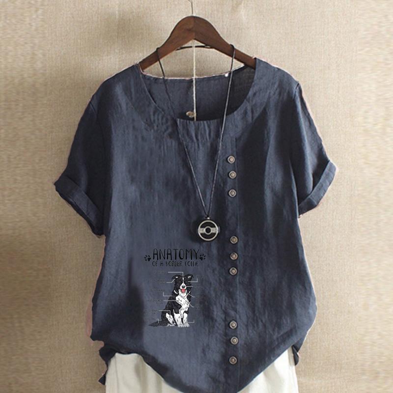 Женская модная футболка с круглым вырезом и коротким рукавом, повседневная рубашка из хлопка и льна с принтом, свободная летняя блузка с принтом в виде милой собаки, топы