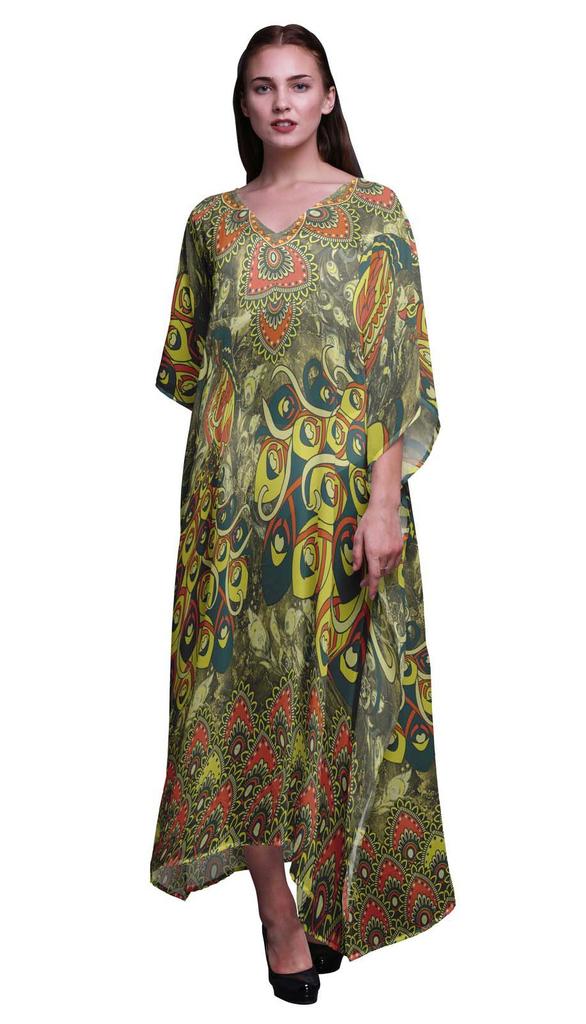 Phagun Peacock Bird Long Caftan Maxi Dress Beach Swimwear Cover Up Womens
