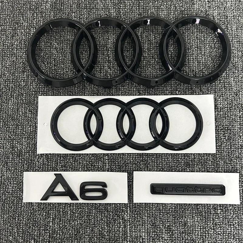 For  AUDI A6 New 2020-2023 4 Ring Logo Black ABS Car Hood Front Grill & Rear Trunk Emblem Sticker A6 Quattro Mark Accessories