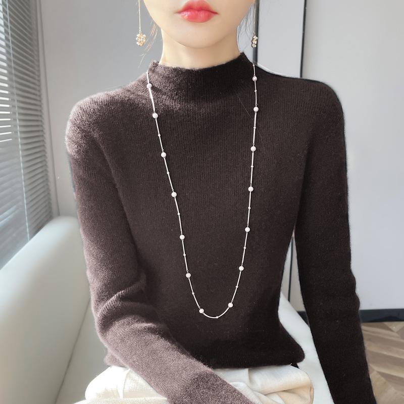 Autumn and Winter Half Turtleneck Bottoming Shirt Women's Sweater with Long Sleeves Andy Velvet Slim Knitted New Tight Top Middle Collar