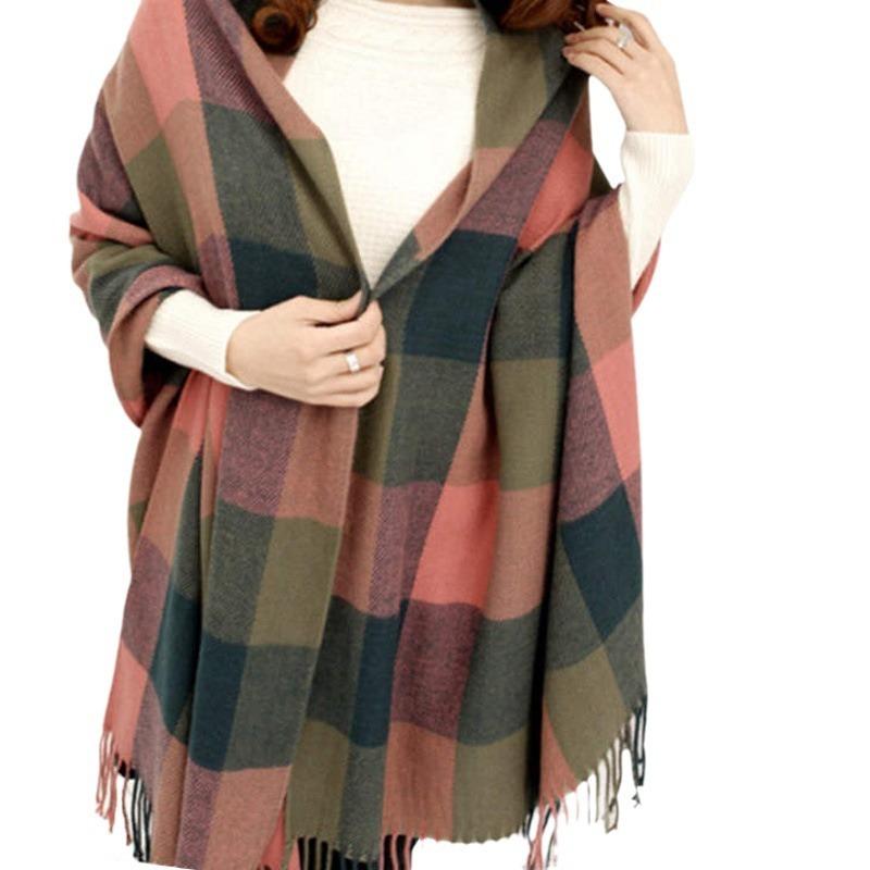 Autumn and Winter Dual-purpose Women's Imitation Cashmere Tassel Super Long Thickened Warm Color Plaid Scarf Shawl