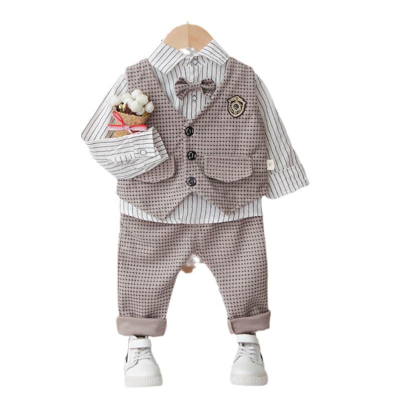 Весенне-осенний костюм для малыша в гусиную лапку 2024: Жилет, рубашка с длинным рукавом и брюки