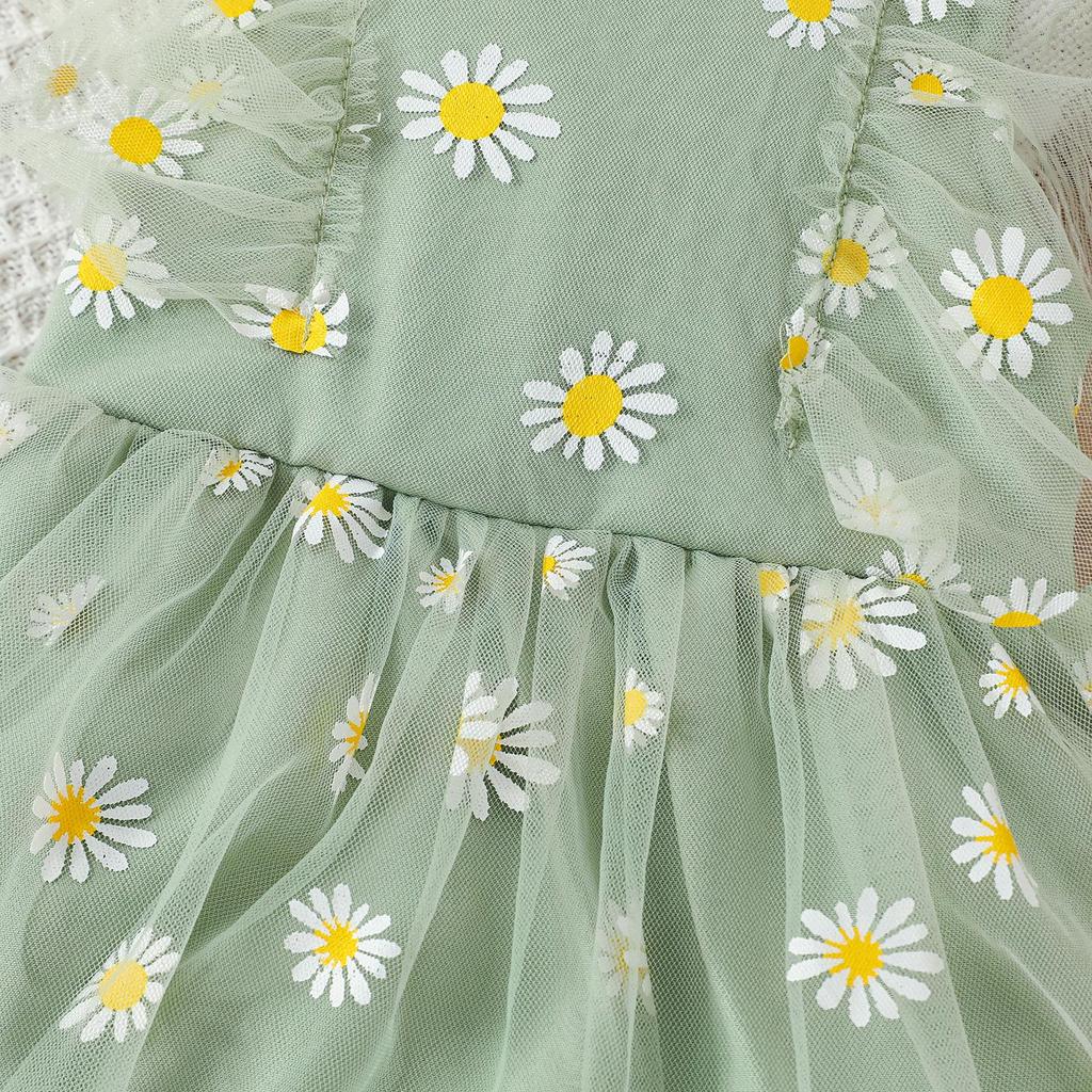 Летние наряды для маленьких девочек из 2 предметов, комбинезон с ромашками и рюшами на рукавах, сетчатое платье с повязкой на голову
