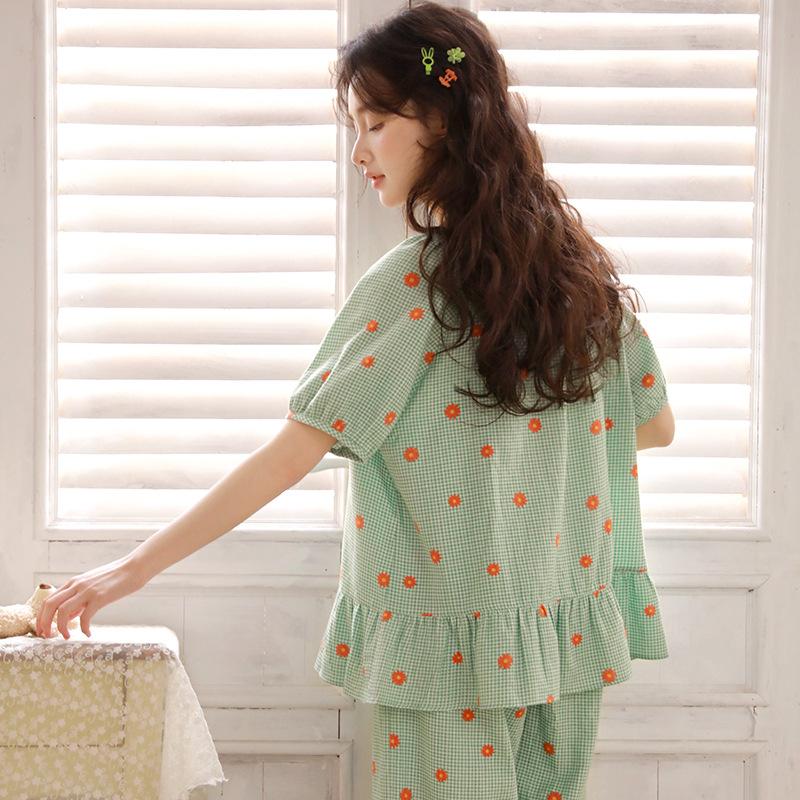 1011 New Summer Pajamas Women's Cotton Short Sleeve Pants Cardigan Loose and Sweet Loungewear 19