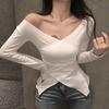 Korean Style Long Sleeve Solid Color T Shirts Women Sexy V-neck Split Womens Fashion Casual Top Tee Shirt