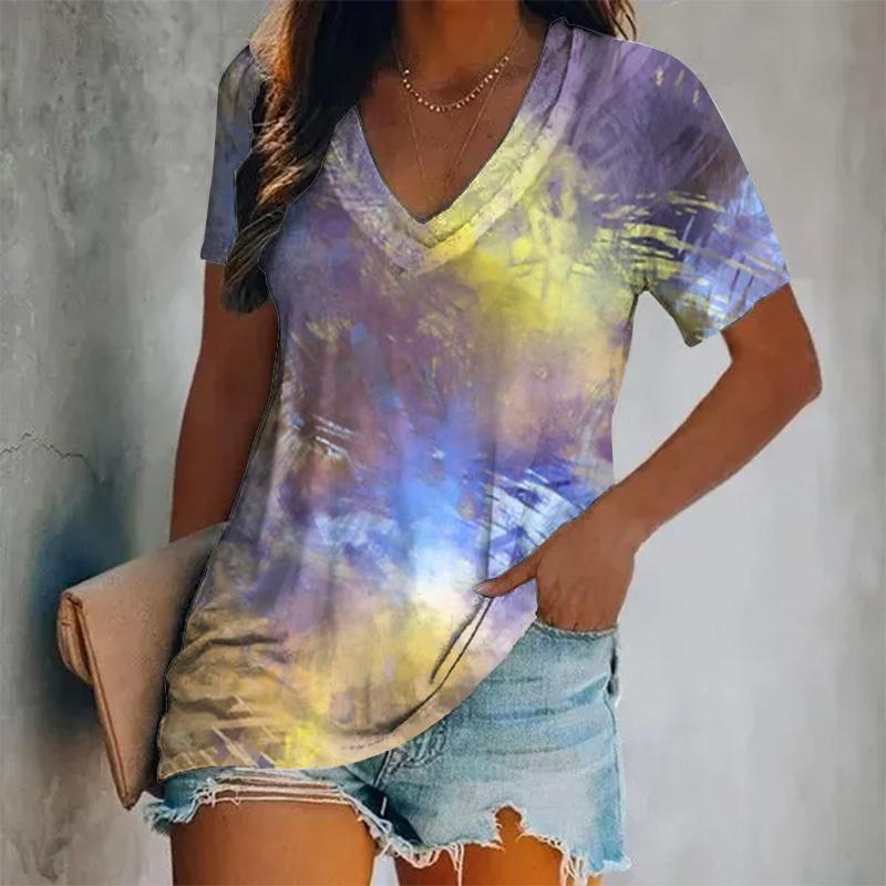 Женская новая футболка с короткими рукавами и V-образным вырезом, цветной принт, короткий рукав, свободный женский топ, дышащая футболка в стиле Y2K