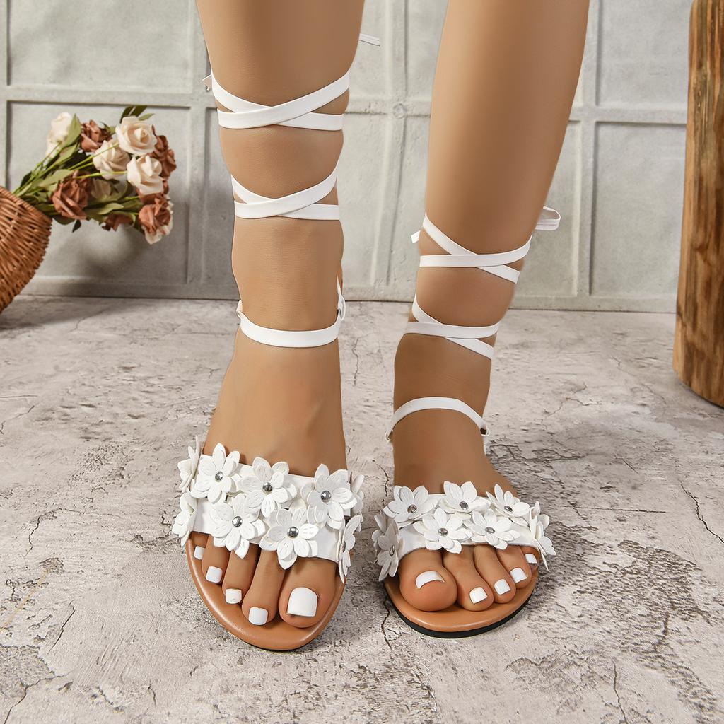 Bohemian Sandals Summer Flat Flowered Shoes One-line Large-sized Shoes Strappy Sandals