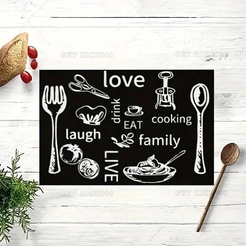 1PC Linen Table Pad with Black and White Knife and Fork Pattern Non-Slip Easy To Clean Decorative Placemat