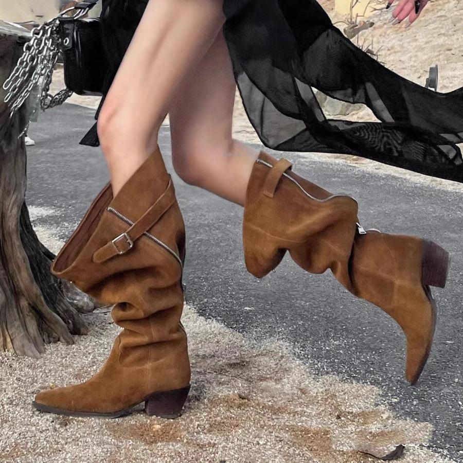 Pointed Big Tube Circumference High Heel Stacking Boots Niche Design Rear Zipper Retro Western Cowboy Boots Thick Heel Boots Women