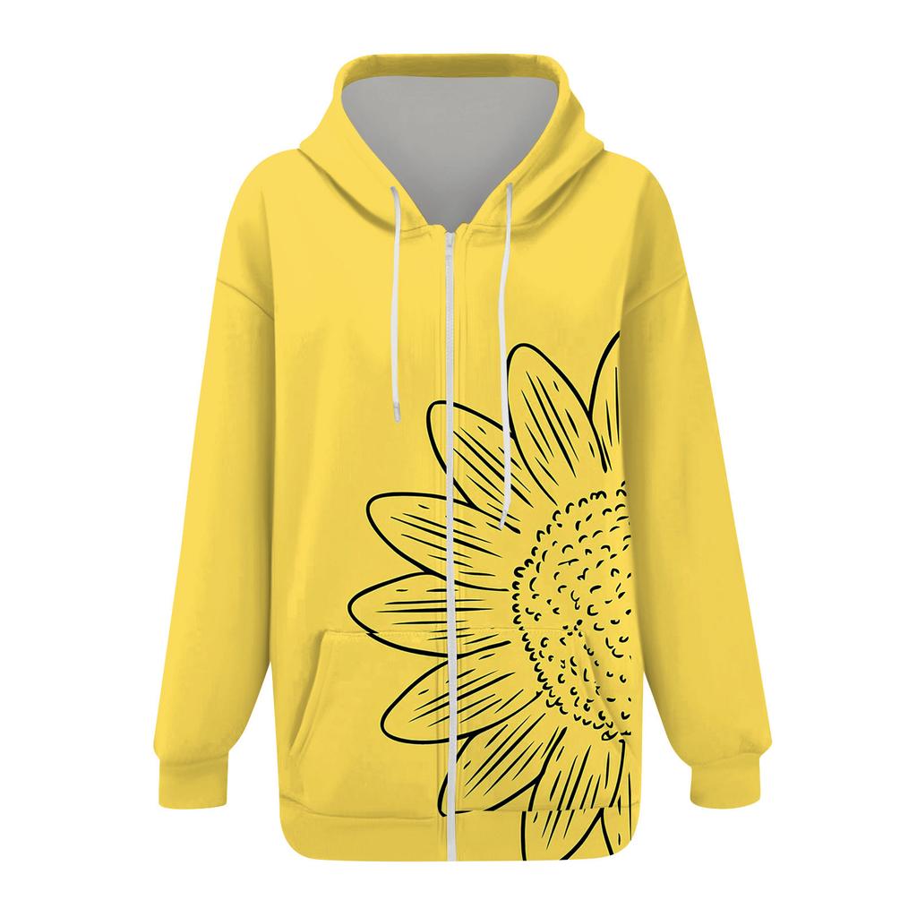 Women's Long Sleeve Print Sweatshirt Long Sleeve Pocket Jacket Zipper Hoodie Coat