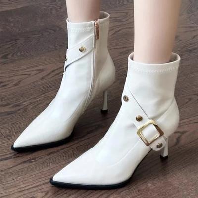 Модные женские ботильоны с острым носком и пряжкой, сексуальные женские туфли с боковой молнией, на высоком каблуке, лакированная кожа, модные универсальные женские ботинки для отдыха