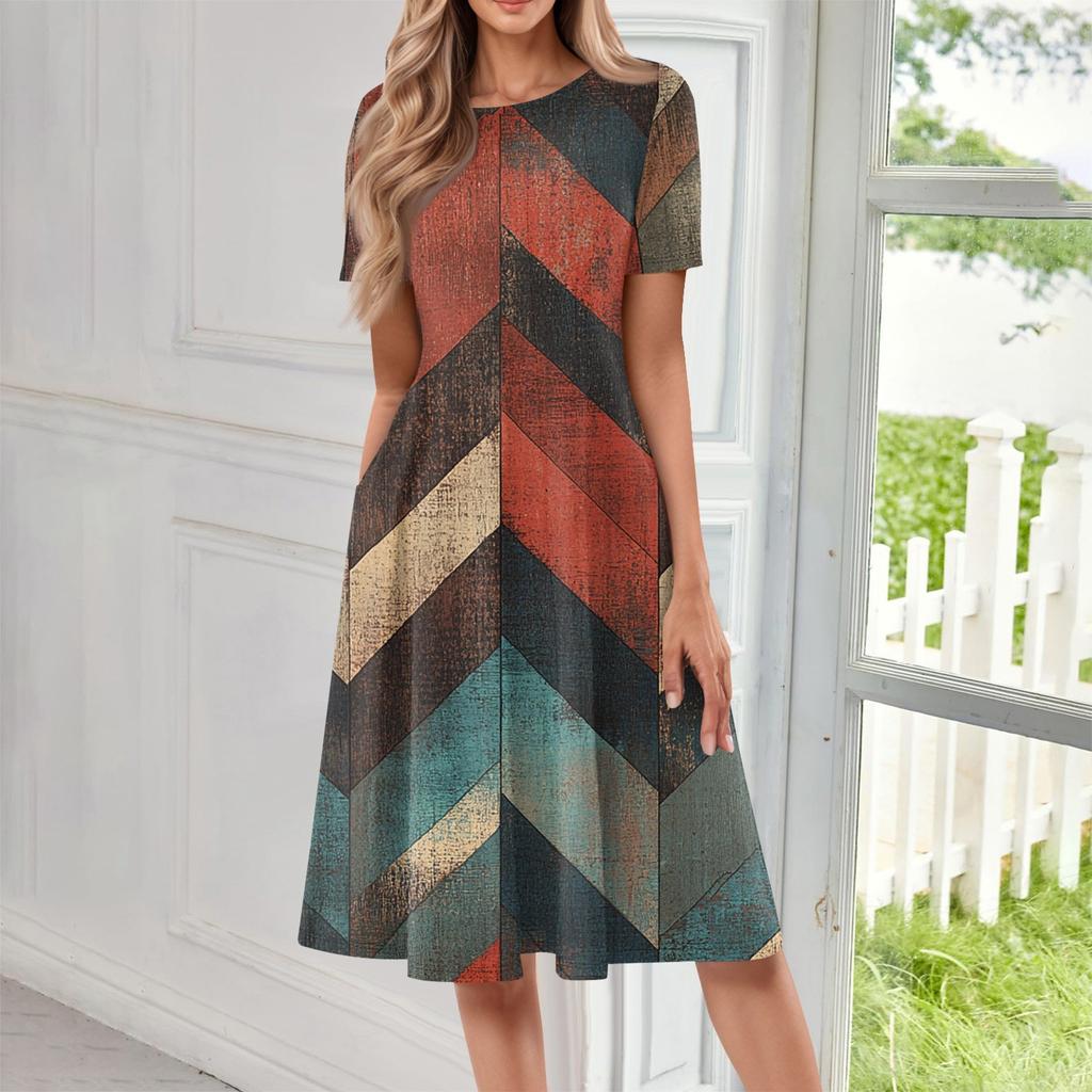 Women's Fashionable Print Round Neck Loose Short Sleeved Pocket Pullover Dress