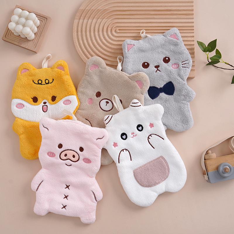 Coral Fleece Embroidered Cartoon Hand Towel for Kitchen or Bathroom