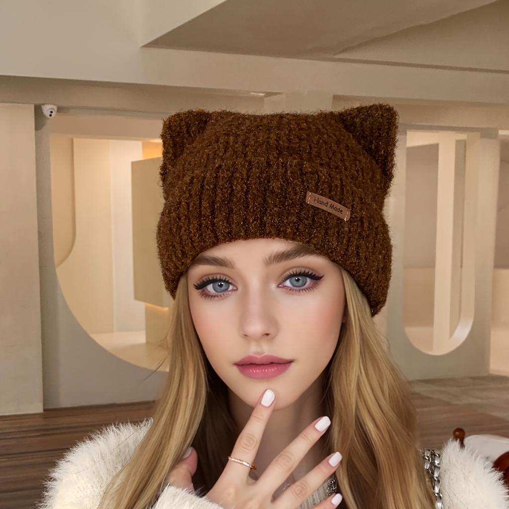 1 шт. шикарная кожаная шапка-бини с ушками - женские вязаные аксессуары для путешествий на свежем воздухе - утолщенная теплая однотонная повседневная шапка для зимы
