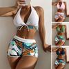 2Pcs/Set Bowknot Decor Floral Print Backless Women Halter Bikini Set Bra High Waist Shorts